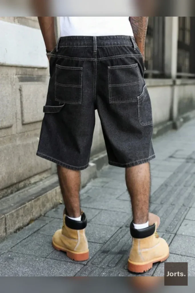 Back view of men's black-grey baggy denim jorts, highlighting wide leg and structured silhouette