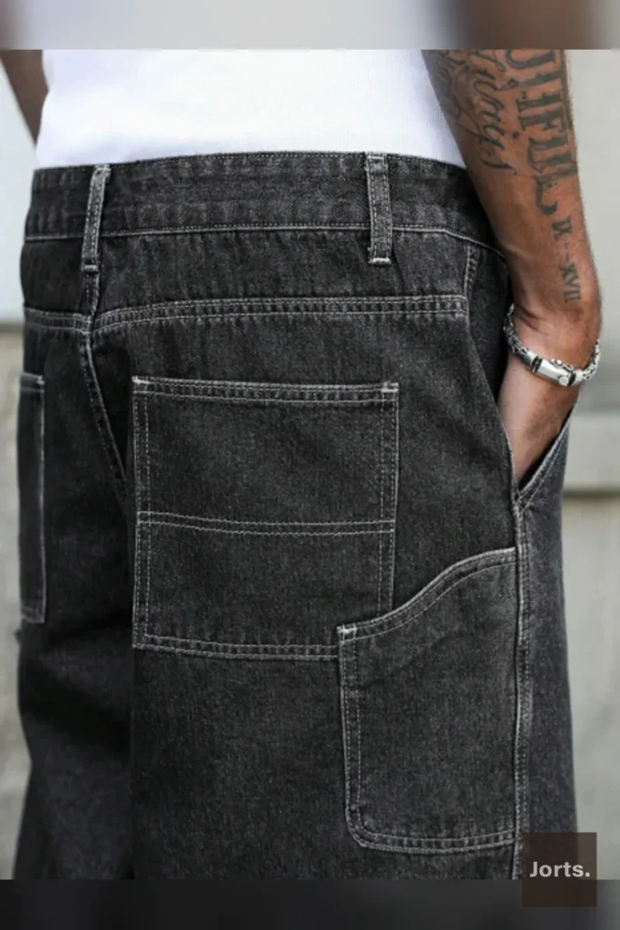 Men's black-grey loose baggy denim jorts front view, showcasing relaxed fit and vintage wash