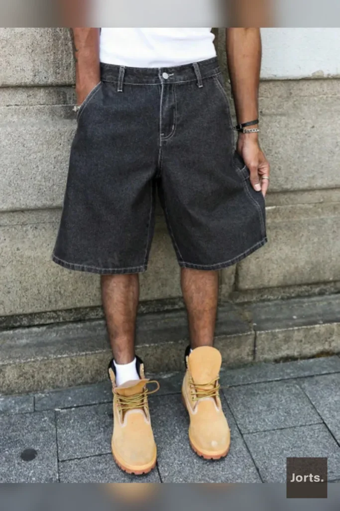 Side profile of men's black-grey loose denim jorts, showing 5-inch length and casual Y2K style