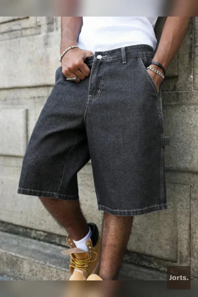 Close-up of utility cargo pocket and side loop on men's black-grey baggy denim jorts