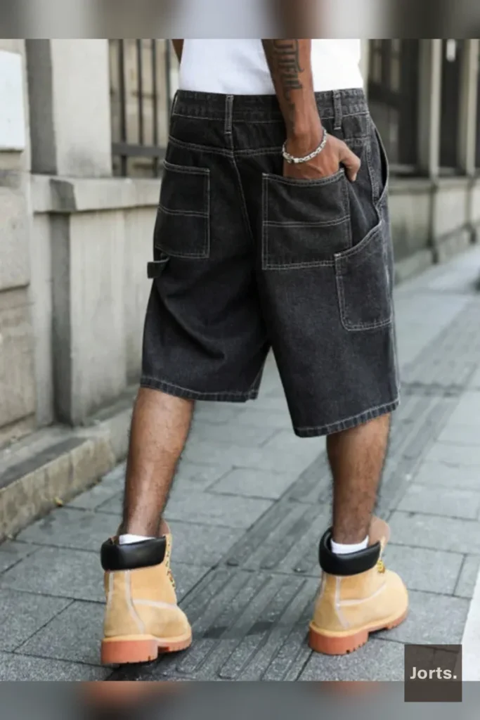 Detailed view of 12oz+ heavyweight black-grey denim fabric and vintage wash on baggy jorts