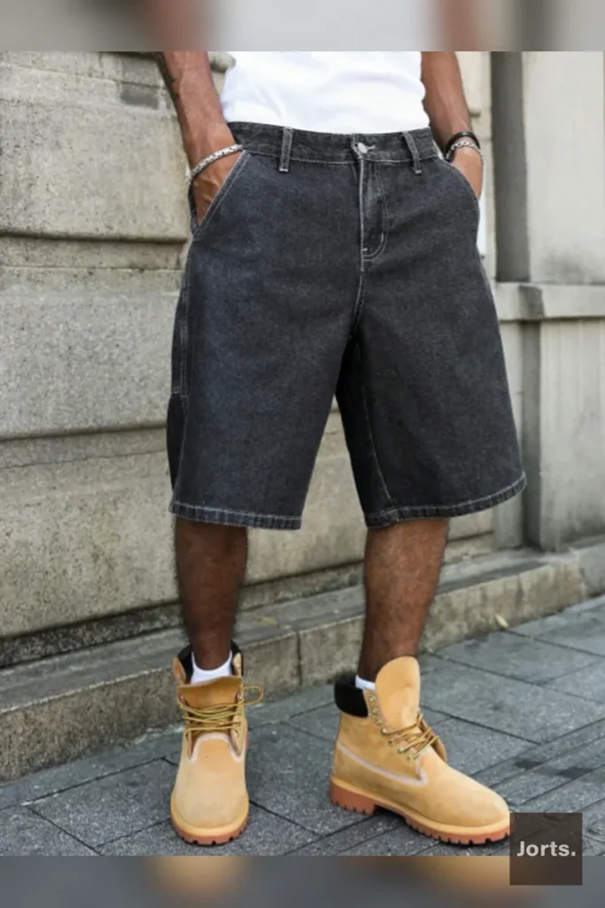 Model wearing men's black-grey loose baggy denim jorts, demonstrating comfortable wide-leg fit