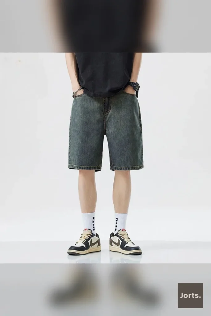 Close-up detail of the polyester fabric and solid pattern on the men's Y2K shorts.