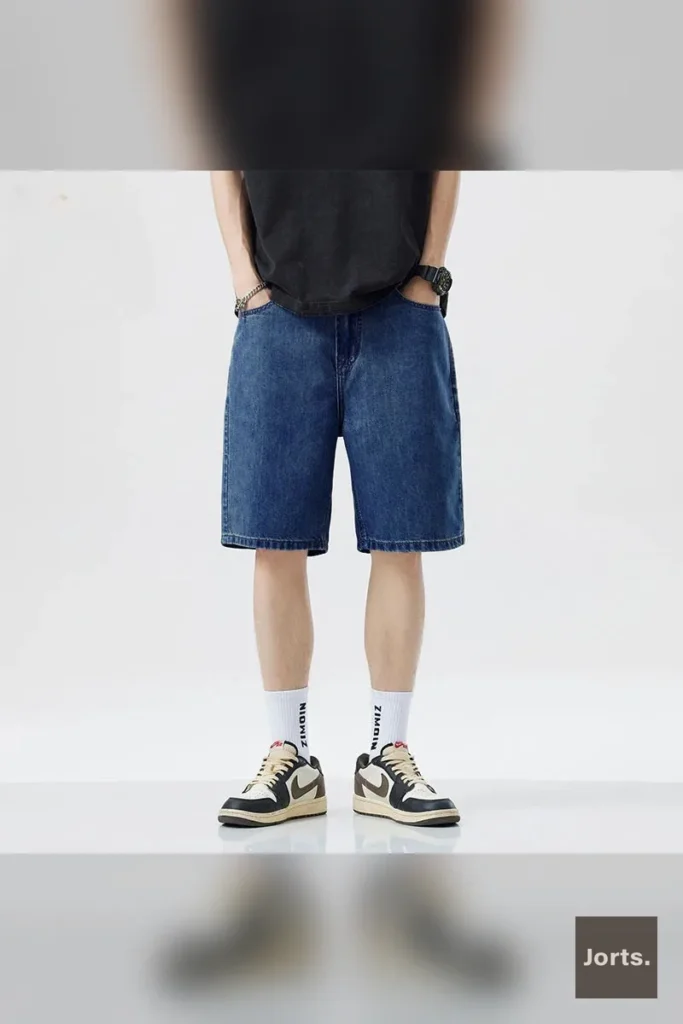 Full-length view of men's loose wide leg shorts, showcasing the relaxed fit.