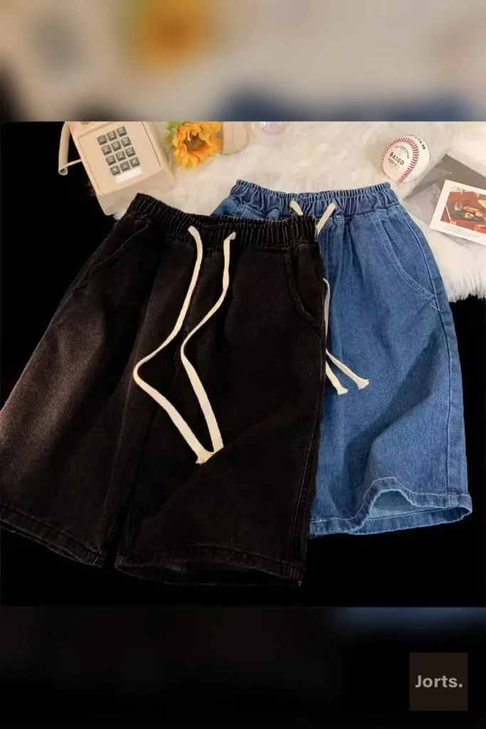Model wearing men's loose wide leg shorts in a casual Y2K-inspired outfit.