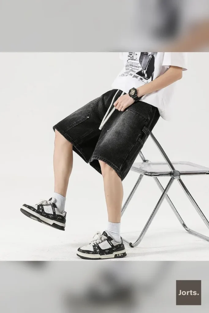 Back view of men's vintage loose cargo jorts, showing pocket details and overall silhouette
