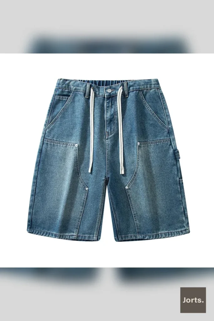 Close-up of the fabric and stitching on vintage men's cargo jorts, showcasing quality and texture