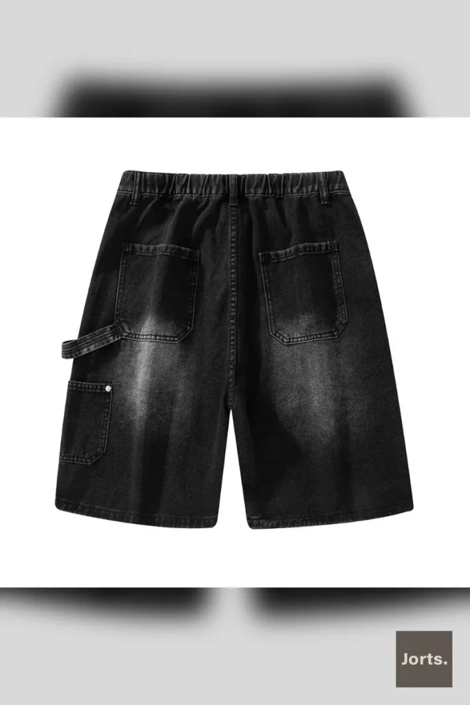 Men's vintage loose cargo jorts in black, front view showcasing the baggy fit and pockets