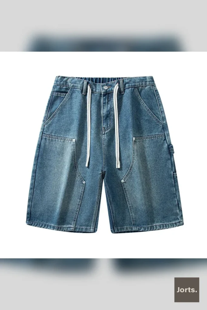 Texture of the denim fabric on men's vintage loose cargo jorts, highlighting the material blend