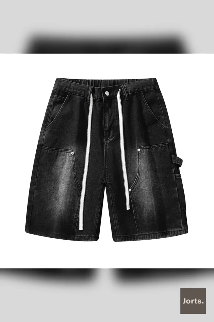 Model wearing vintage men's loose cargo jorts, styled for a Y2K streetwear look