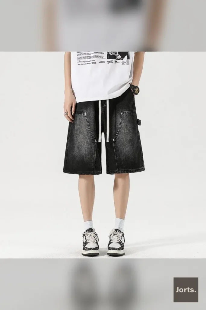 Detailed view of a cargo pocket on men's vintage loose jorts, showing design and functionality