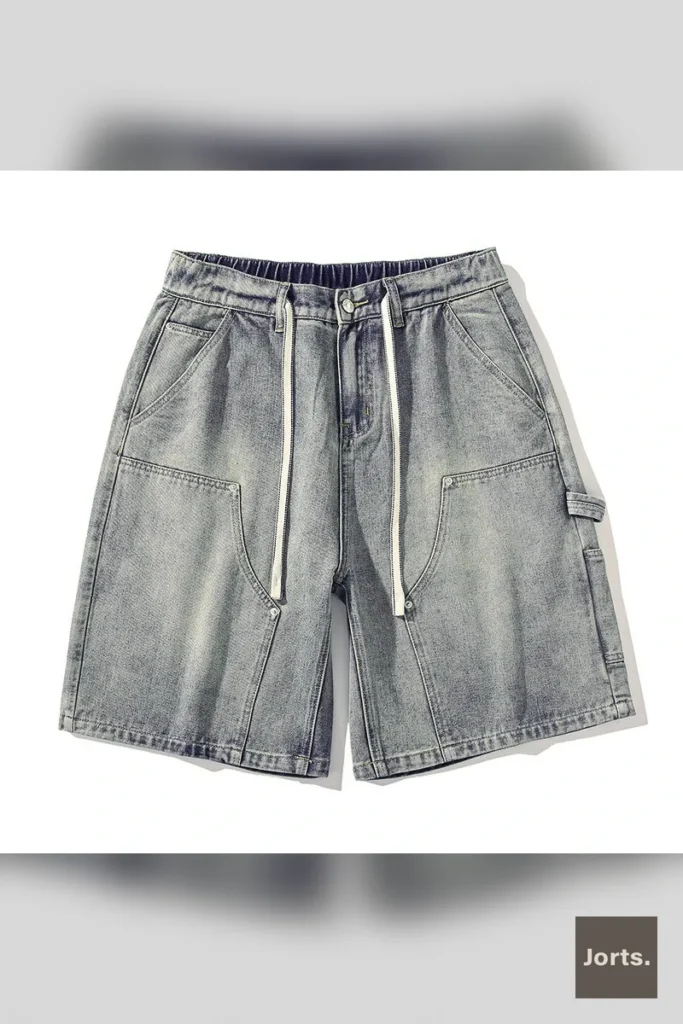 Waistband and button closure detail of men's vintage loose cargo jorts