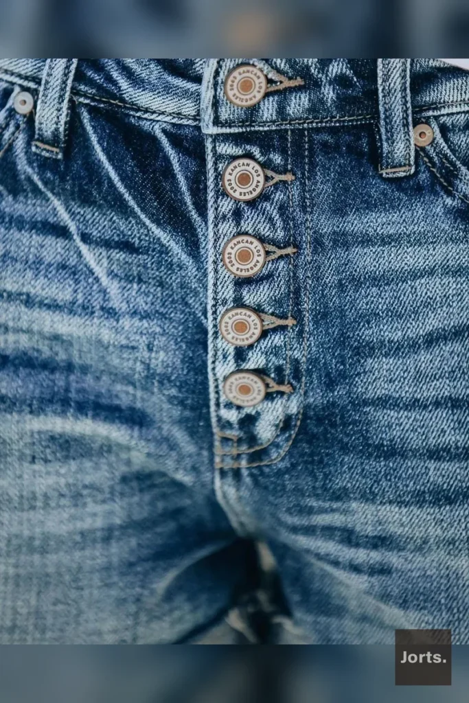 Close-up of the trendy ripped and distressed detailing on the vintage denim shorts.