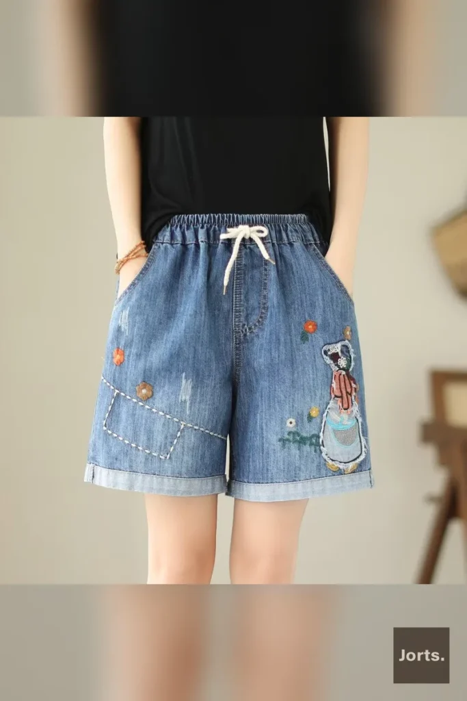 Back-View Beauty graphic on wide-leg denim shorts, showing unique art style