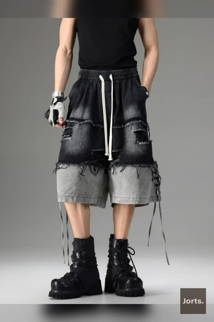 Back view of model wearing Vintage Black Patchwork Denim Capri Jorts, showing the drawstring waist