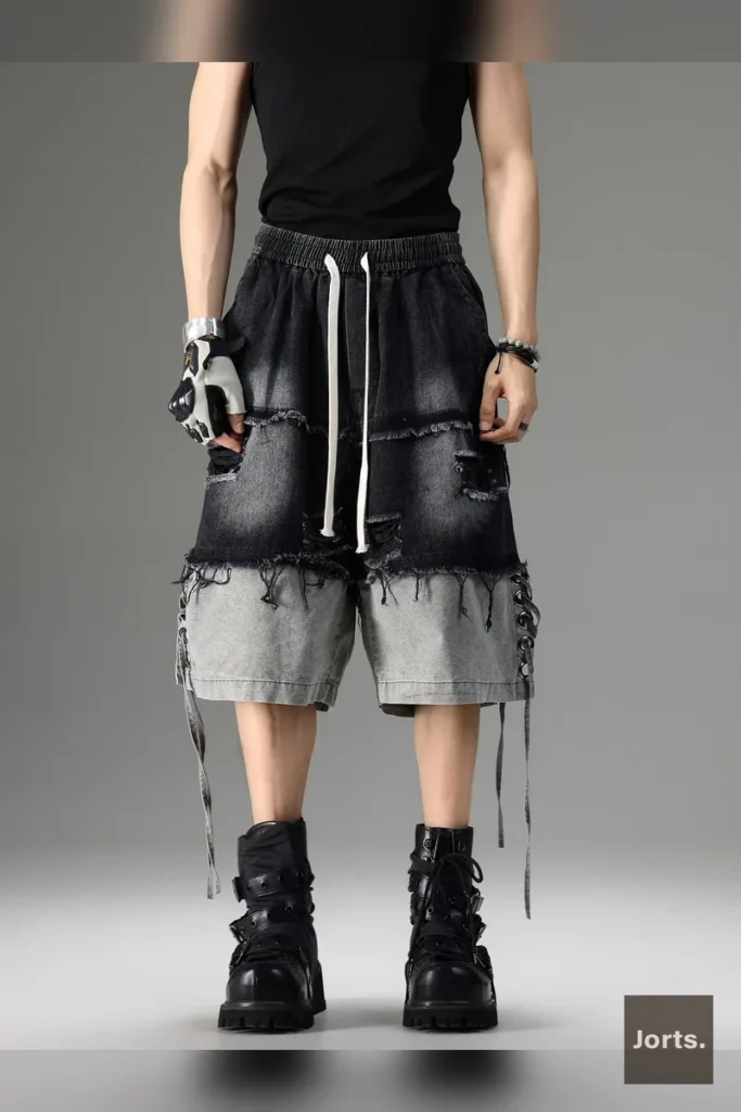 Model casually sitting in Black Mid-Rise Patchwork Jorts, demonstrating comfort and style