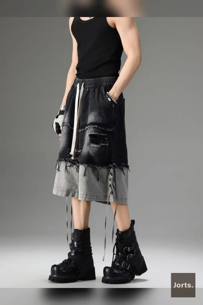 Close-up of the unique patchwork and raw-edge detailing on the black denim jorts fabric