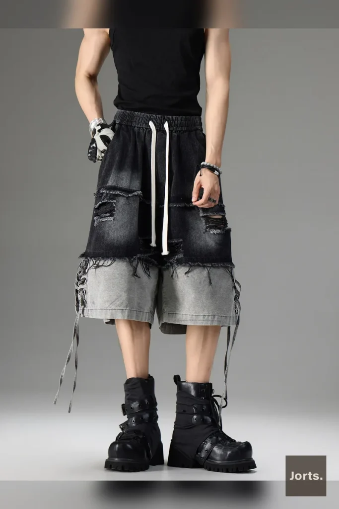 Flat lay of the Black Mid-Rise Patchwork Denim Capri Jorts, showcasing the full design