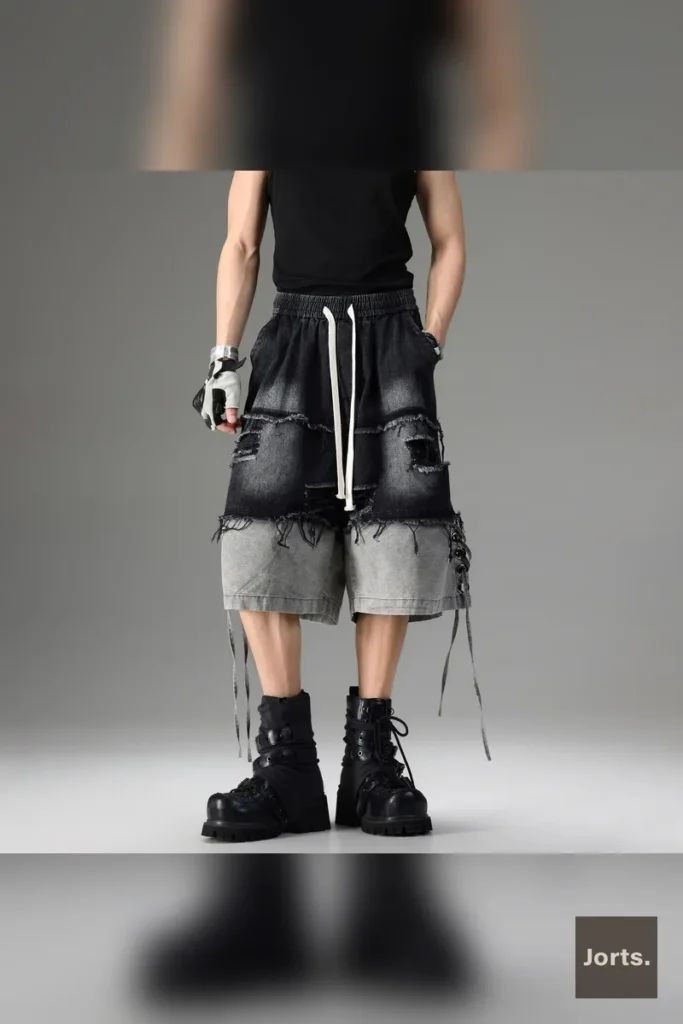 Teenager wearing Vintage Black Mid-Rise Patchwork Denim Capri Jorts, front view, showcasing distressed details
