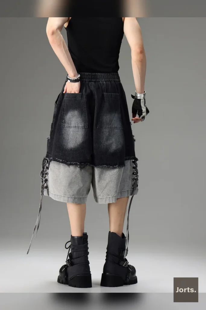 Side profile of model in Vintage Black Mid-Rise Patchwork Denim Capri Jorts, highlighting capri length and relaxed fit
