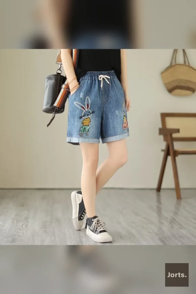 Cartoon Rabbit print on plus-size wide-leg hot pants, a cute nostalgic graphic