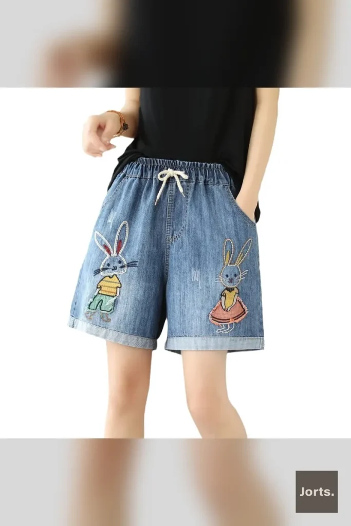 Cat Head print on wide-leg jorts, a fun and quirky Y2K streetwear design