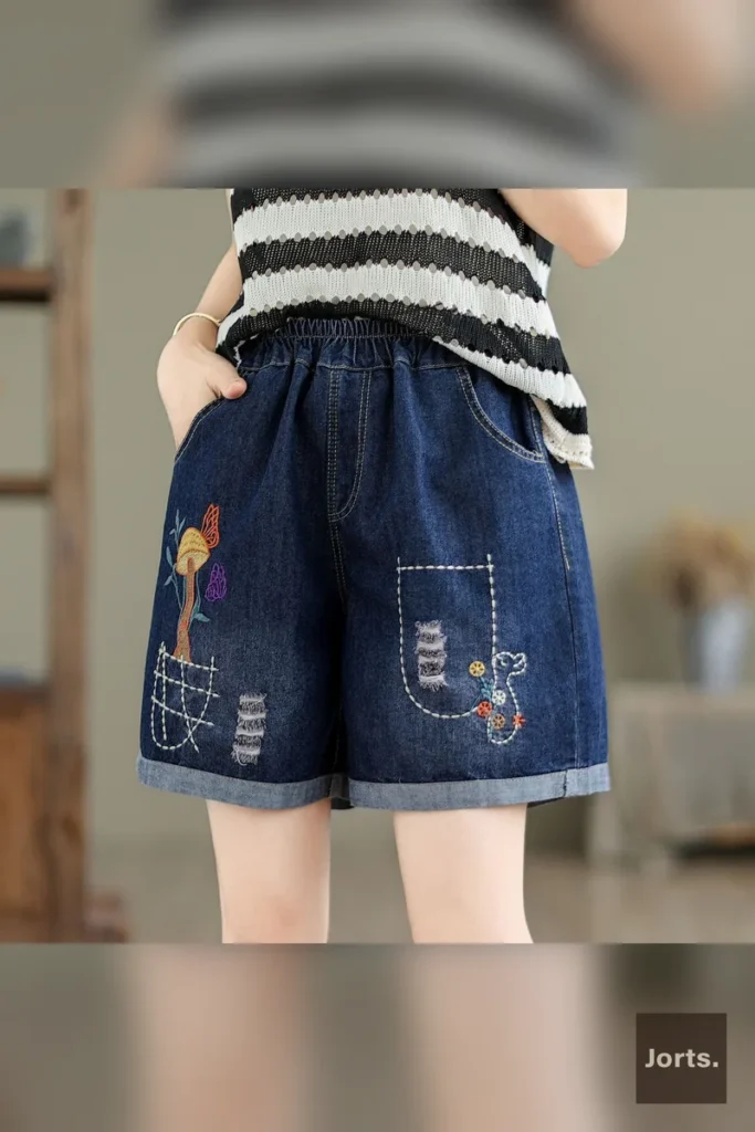 Chinese-Style graphic on wide-leg denim shorts, unique cultural motif