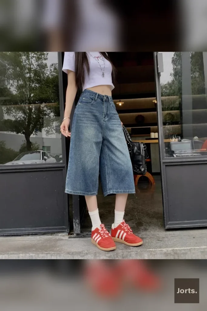 Full length view of cropped 875 Vintage Blue baggy denim jorts.