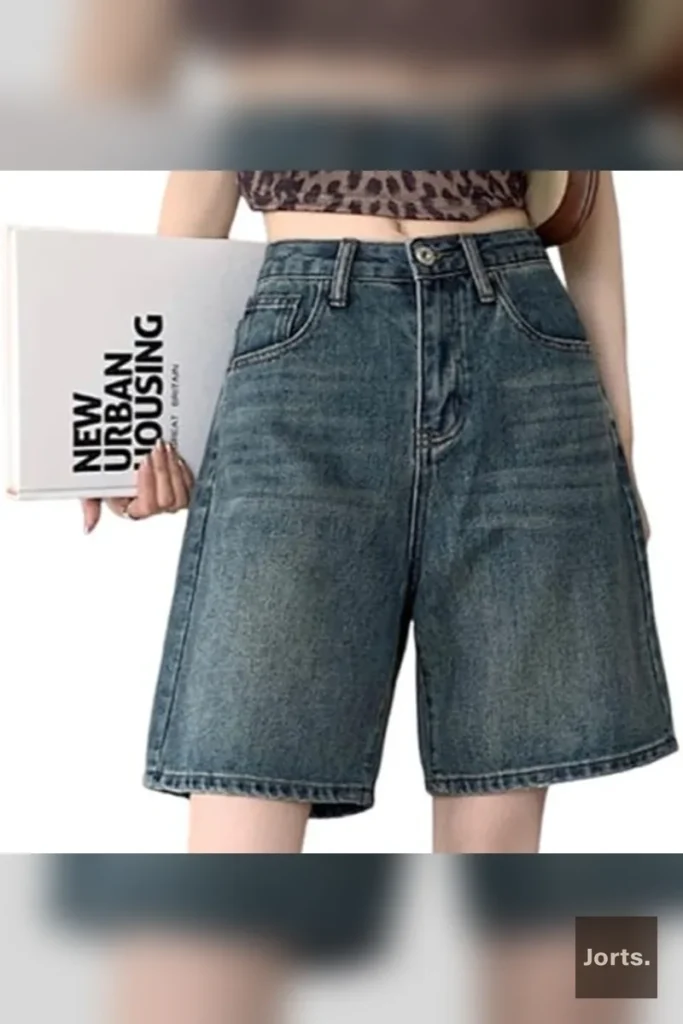 Dark blue baggy cropped denim jorts paired with a Y2K-inspired top.