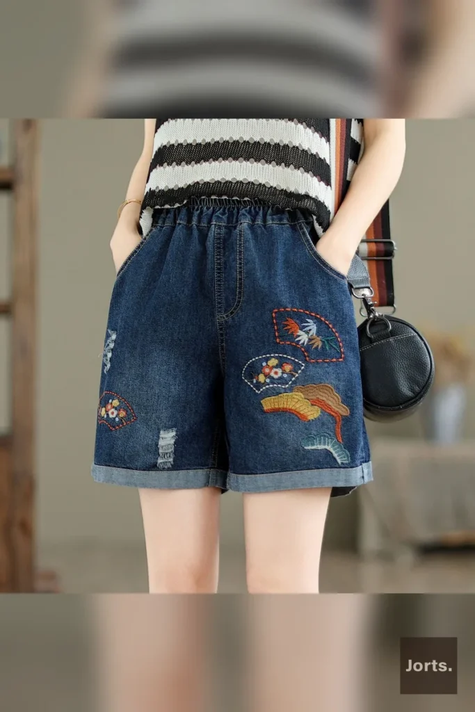 Back view of plus-size wide-leg denim hot pants, showing comfortable fit and silhouette