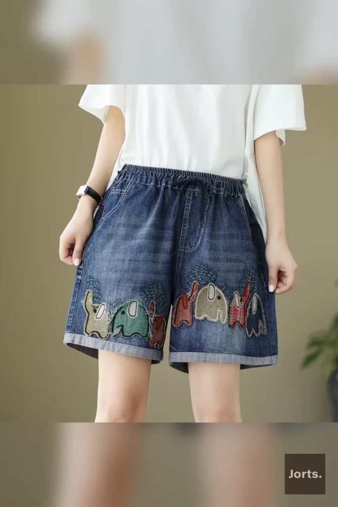 Floral Print wide-leg denim shorts, adding a touch of nature to Y2K streetwear