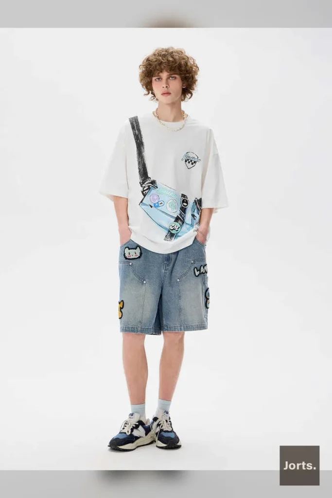 Back view of men's embroidered workwear denim shorts, highlighting pocket details and loose silhouette.