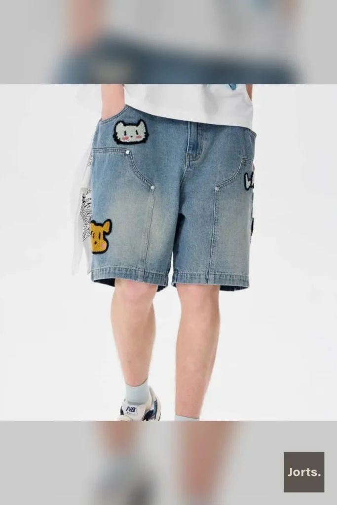Fabric texture detail of the washed denim on men's embroidered workwear shorts, perfect for a nostalgic Y2K look.