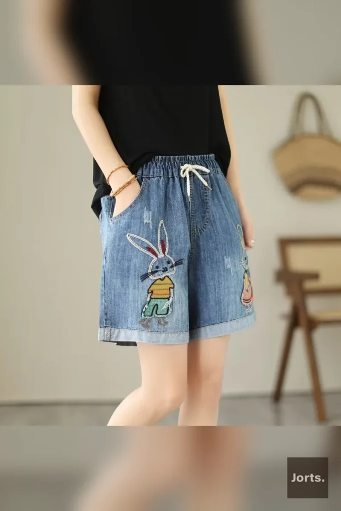 Hexagon Flower pattern on Y2K wide-leg denim shorts, a geometric floral design