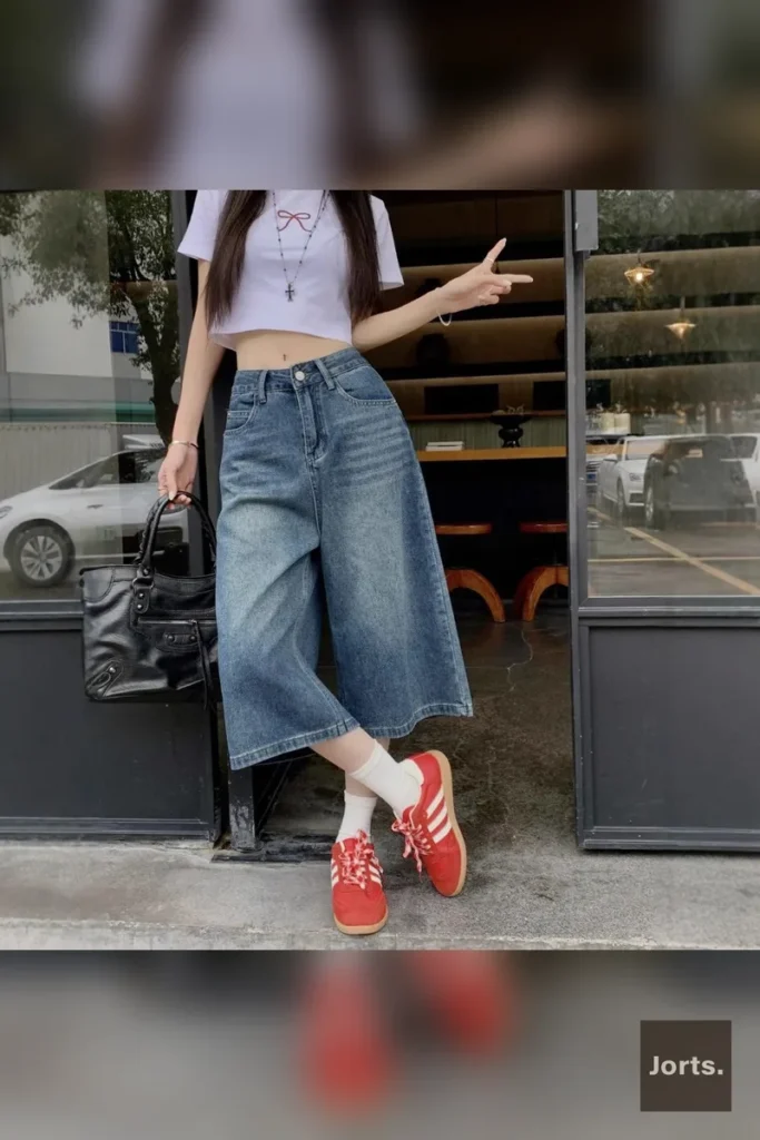 Back view of women's 875 Vintage Blue high-waist baggy denim jorts.
