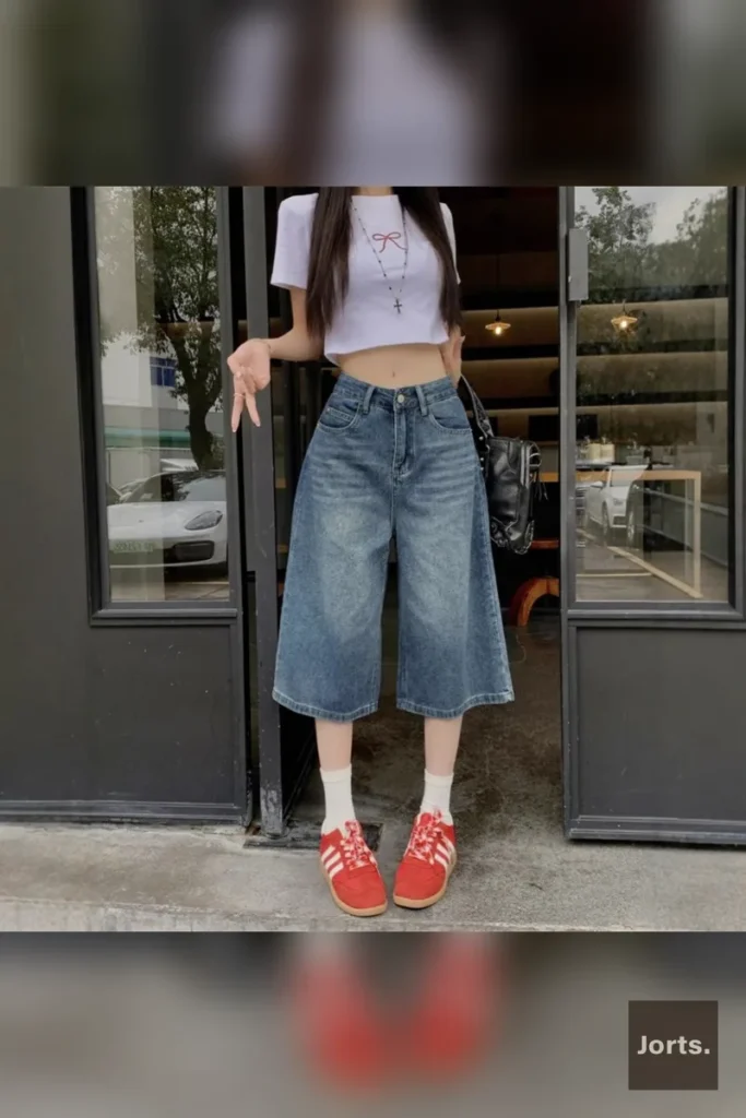 Casual outfit featuring high-waist baggy denim jorts for a Y2K vibe.