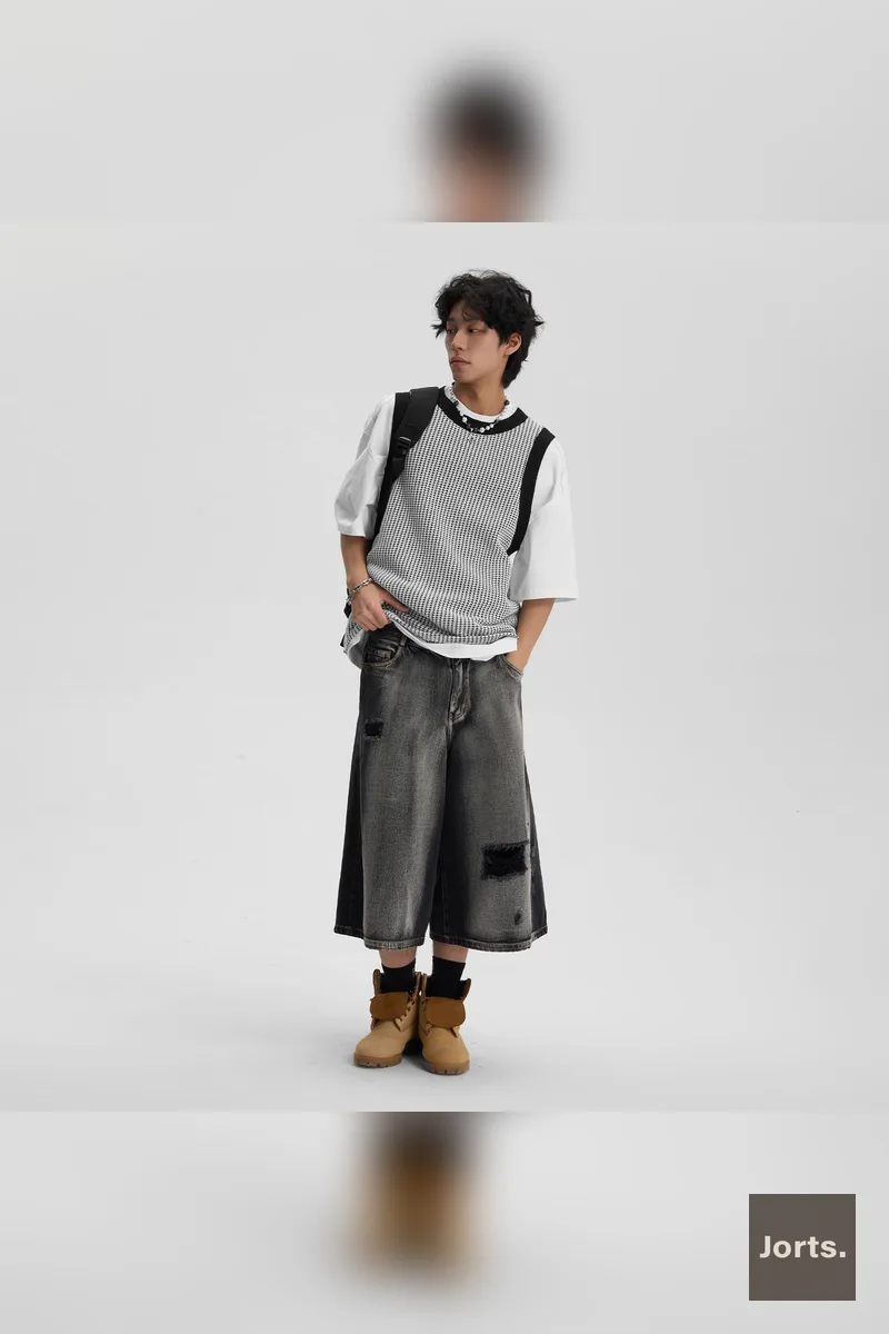Iconic Mens Distressed Black Denim Cropped Jorts