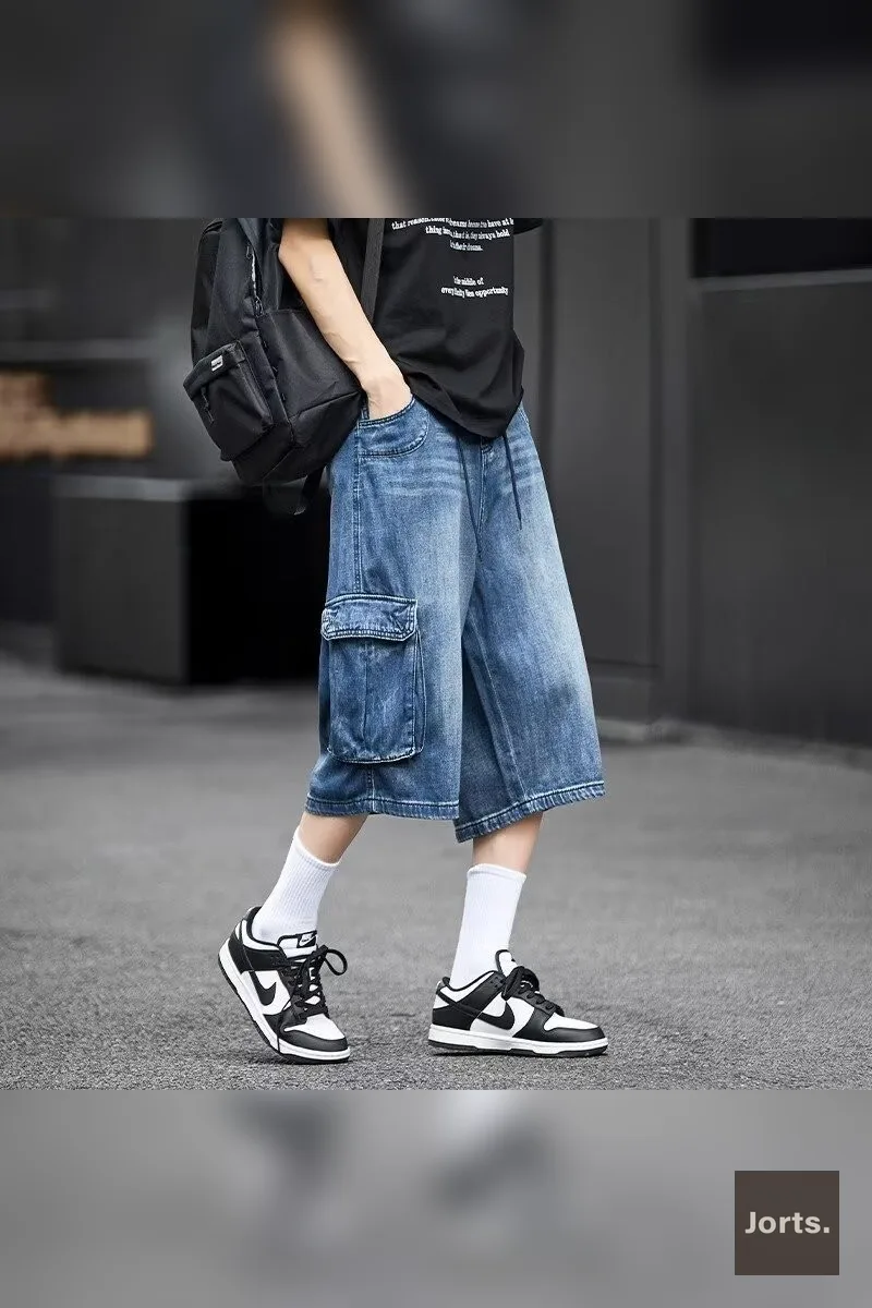 Vintage Blue Workwear Loose-fit long Denim Capri Pants