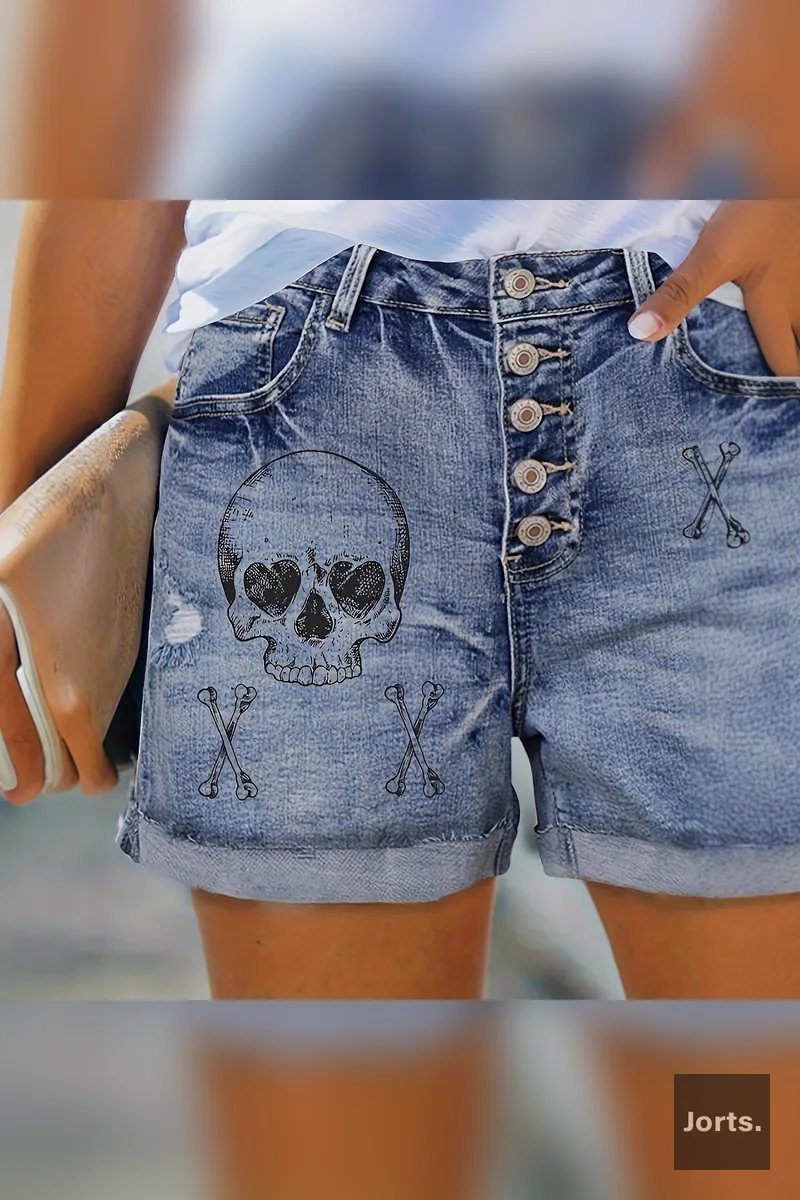 Vintage Women's High Waist Blue Printed Buttoned Denim