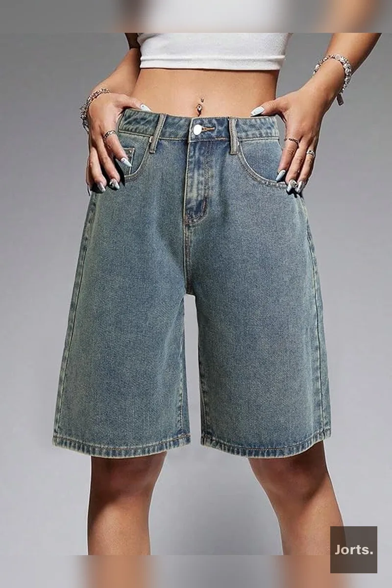Vintage Women's Mid-Waist Baggy Cropped Denim Jorts