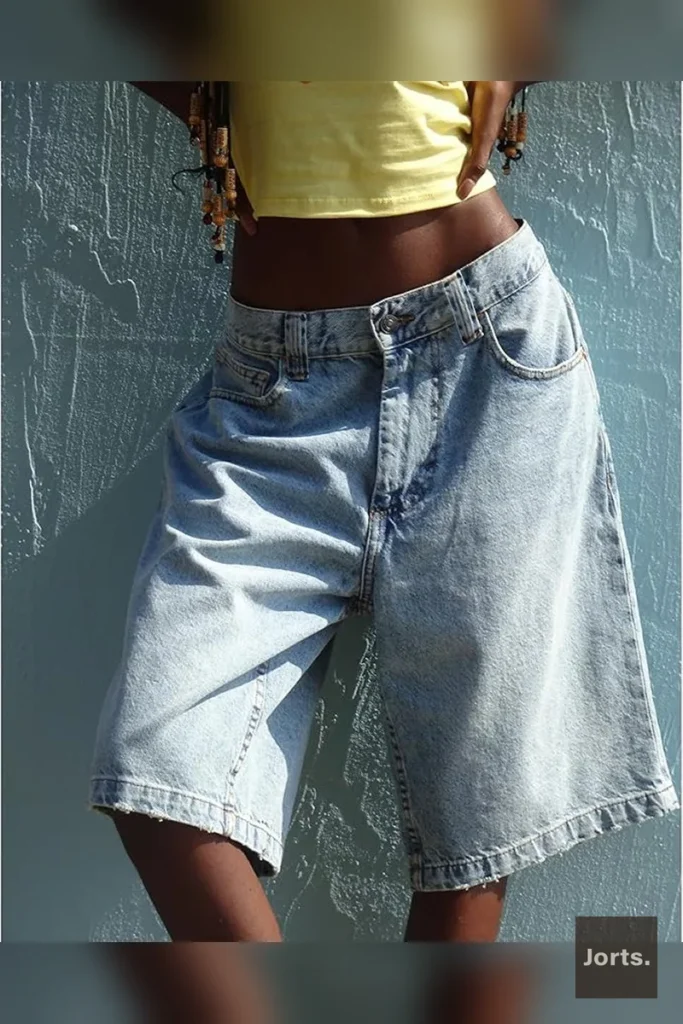 Lake blue baggy cropped denim jorts, showcasing mid-waist and washed effect.