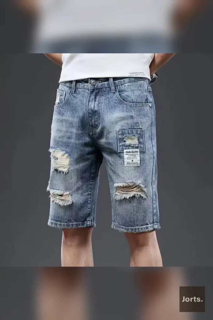 Detail shot of the distressed ripped denim fabric on the light blue men's shorts.