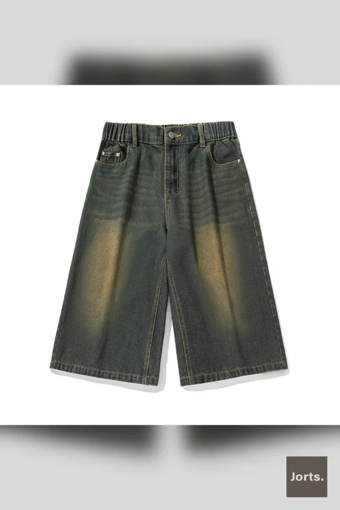 Model styled with retro loose capri shorts in a Y2K streetwear outfit, showing versatility.
