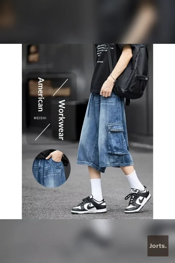 Side view of blue loose-fit long denim capri pants, highlighting the straight-leg cut and cropped length