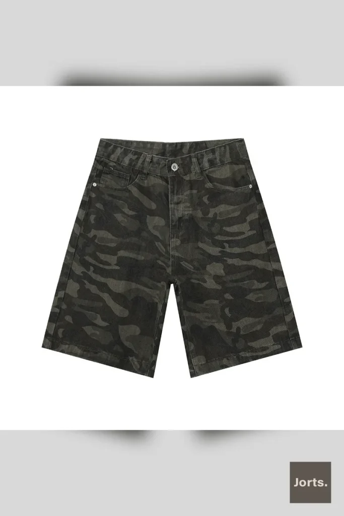 Men's baggy wide leg camouflage denim jorts in dark camo, front view, perfect for Y2K streetwear and comfortable daily wear.