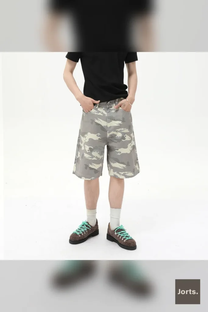 Side profile of men's dark camouflage baggy jorts, showing the wide leg and comfortable cut.