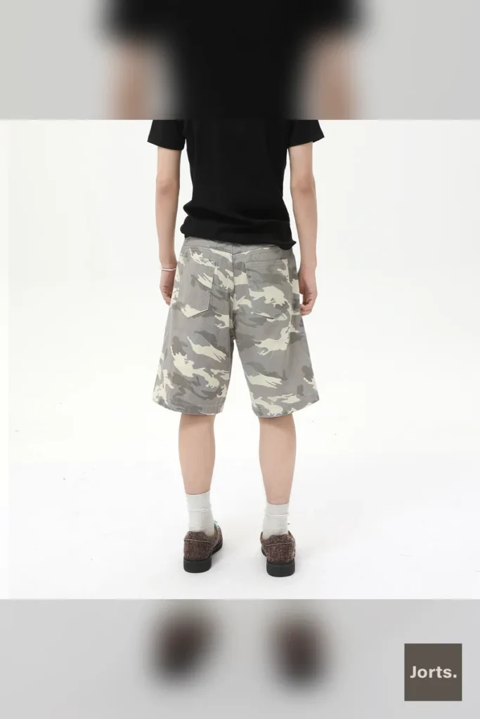 Men's dark camouflage baggy denim jorts worn casually, demonstrating the relaxed fit and Y2K streetwear vibe.