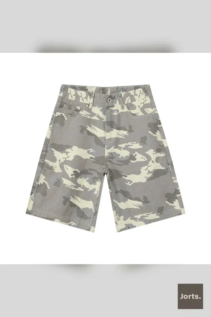 Men's baggy wide leg camouflage denim shorts in light camo, front view, showcasing the relaxed fit and cotton fabric.