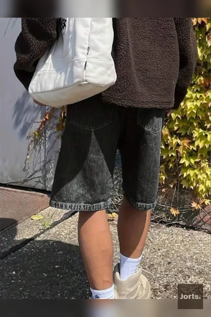 Back view of Mens Black Wide Leg Cropped Jorts, highlighting the relaxed fit and capri length.