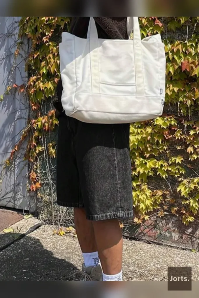 Mens Black Wide Leg Cropped Jorts, front view, showcasing baggy fit and mid-rise waist for a Y2K streetwear look.
